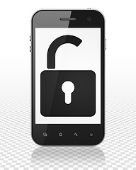 Image showing Protection concept: Smartphone with Opened Padlock on display