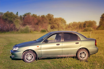 Image showing The car on the green lawn.