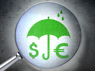 Image showing Protection concept: Money And Umbrella with optical glass on digital background