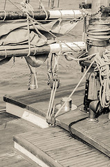 Image showing Blocks and rigging of an old sailboat, close-up  