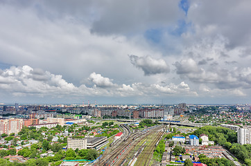 Image showing Aerial view on Strela bridge over railways. Tyumen