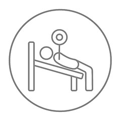 Image showing Man lying on bench and lifting barbell line icon.