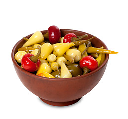 Image showing Mix of hot turkish marinated peppers in ceramic bowl