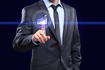 Image showing Businessman pressing button on touch screen interface and select Experience. Business, technology concept.