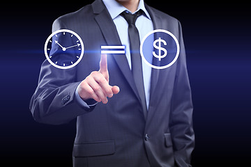 Image showing time is money icon. Businessman pressing button on touch screen interface