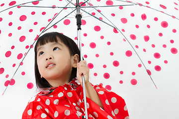 Image showing Chinese Little Girl Holding umbrella with raincoat