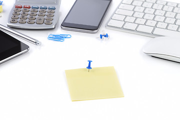 Image showing Office table with notebook, computer keyboard and mouse, tablet 