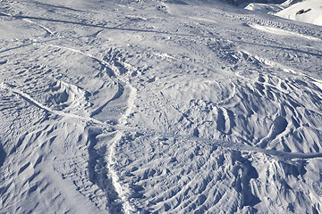 Image showing Off-piste slope after snowfall at sun morning