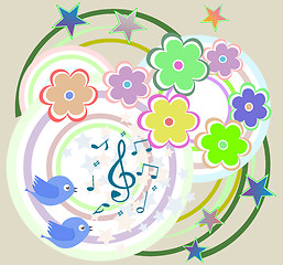 Image showing vector birds in love, singing on abstract floral background