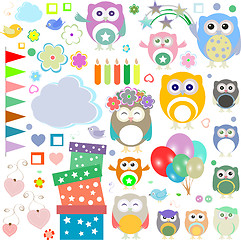 Image showing Set of vector birthday party elements with cute owls