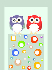 Image showing Couple owls birds on a tree branch. Vector background.