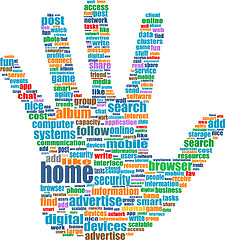 Image showing vector Illustration of the hands symbol, which is composed of text keywords on social media themes. Isolated on white.