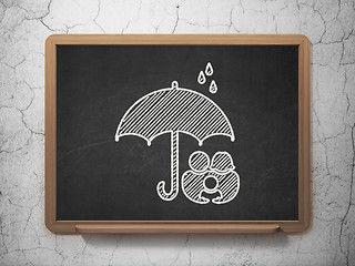 Image showing Protection concept: Family And Umbrella on chalkboard background