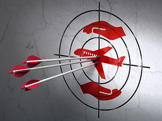 Image showing Insurance concept: arrows in Airplane And Palm target on wall background