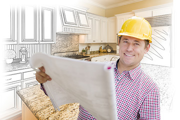 Image showing Contractor Holding Blueprints Over Custom Kitchen Drawing and Ph