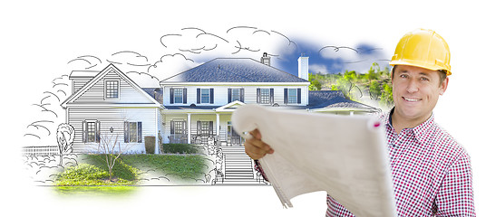 Image showing Contractor Holding Blueprints Over Custom Home Drawing and Photo