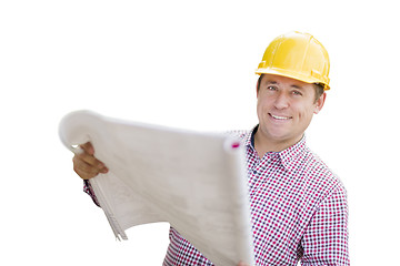 Image showing Contractor in Hardhat Holding Blueprints On White