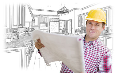 Image showing Contractor Holding Blueprints Over Custom Kitchen Drawing
