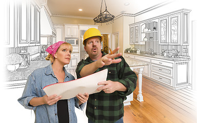 Image showing Contractor Talking with Customer Over Kitchen Drawing and Photo 