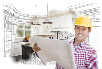 Image showing Contractor Holding Blueprints Over Custom Kitchen Drawing and Ph