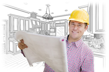 Image showing Contractor Holding Blueprints Over Custom Kitchen Drawing