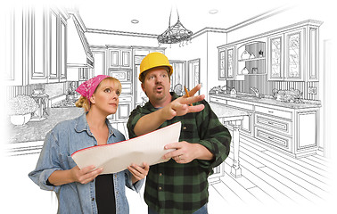 Image showing Contractor Talking with Customer Over Kitchen Drawing