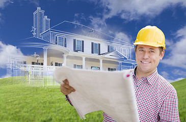 Image showing Contractor Holding Blueprints Over Custom Home Drawing and Photo