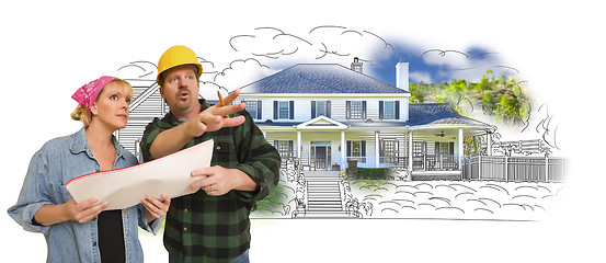 Image showing Contractor Talking with Customer Over Home Drawing and Photo