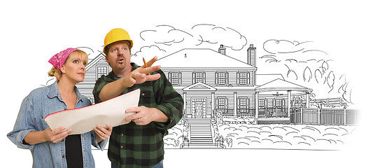 Image showing Contractor Talking with Customer Over Home Drawing