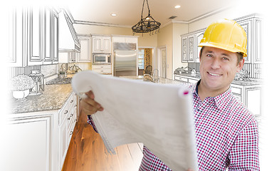 Image showing Contractor Holding Blueprints Over Custom Kitchen Drawing and Ph