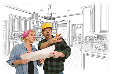 Image showing Contractor Talking with Customer Over Kitchen Drawing