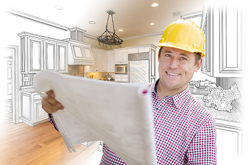 Image showing Contractor Holding Blueprints Over Custom Kitchen Drawing and Ph