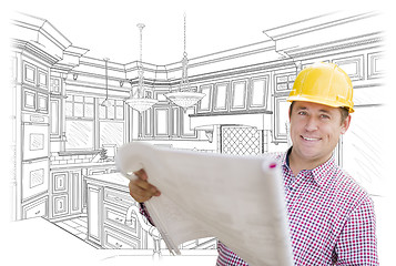 Image showing Contractor Holding Blueprints Over Custom Kitchen Drawing