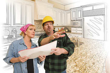 Image showing Contractor Talking with Customer Over Kitchen Drawing and Photo 