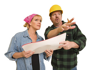 Image showing Contractor in Hard Hat Discussing Plans with Woman On White