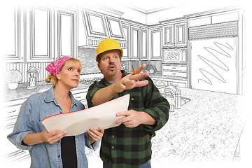 Image showing Contractor Talking with Customer Over Kitchen Drawing