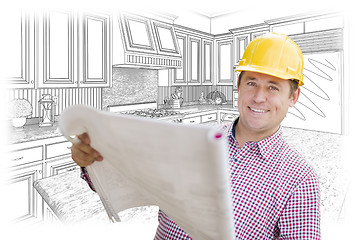 Image showing Contractor Holding Blueprints Over Custom Kitchen Drawing