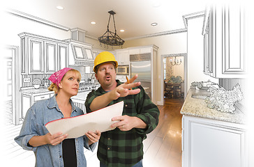 Image showing Contractor Talking with Customer Over Kitchen Drawing and Photo 