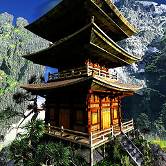 Image showing Buddhist Temple in rocky mountains