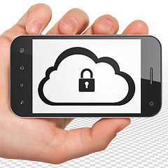 Image showing Cloud networking concept: Hand Holding Smartphone with Cloud With Padlock on display
