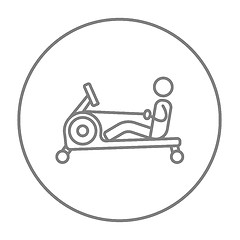 Image showing Man exercising with gym apparatus line icon.