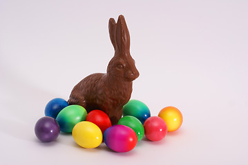 Image showing chocolate rabbit with eastereggs