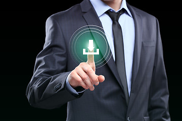 Image showing Businessman pushing download icon with virtual screen.