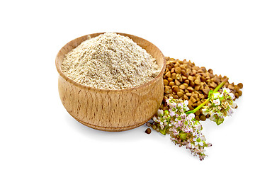 Image showing Flour buckwheat in bowl with cereals and flower