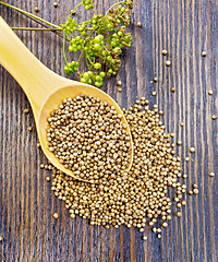 Image showing Coriander seeds in spoon on board top