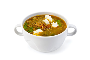 Image showing Soup lentil with spinach and cheese in white bowl