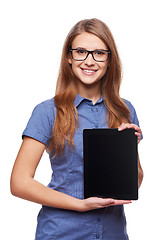 Image showing Business woman showing blank black digital tablet computer screen