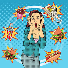 Image showing Fast food woman unhealthy diet panic