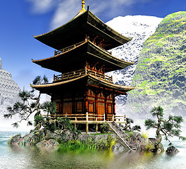 Image showing Buddhist Temple in rocky mountains