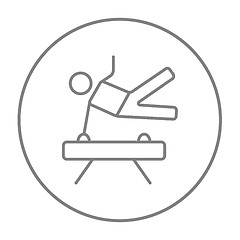 Image showing Gymnast exercising on pommel horse line icon.